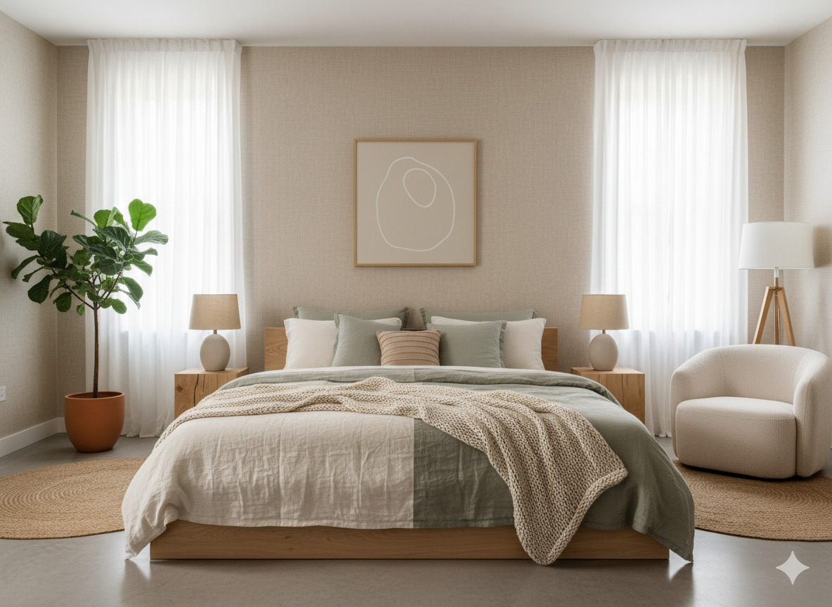 Serene bedroom with soft linens and natural materials