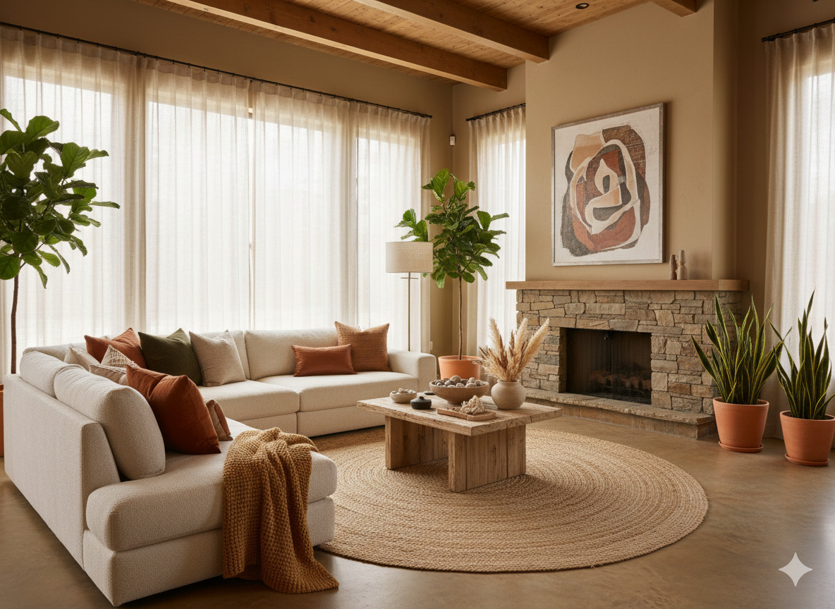 Modern living room with natural textures and warm tones